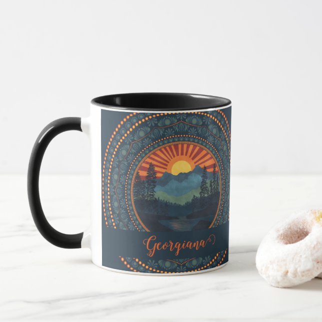 Personalised Vintage Wilderness Sunset Dot Mandala Mug (With Donut)