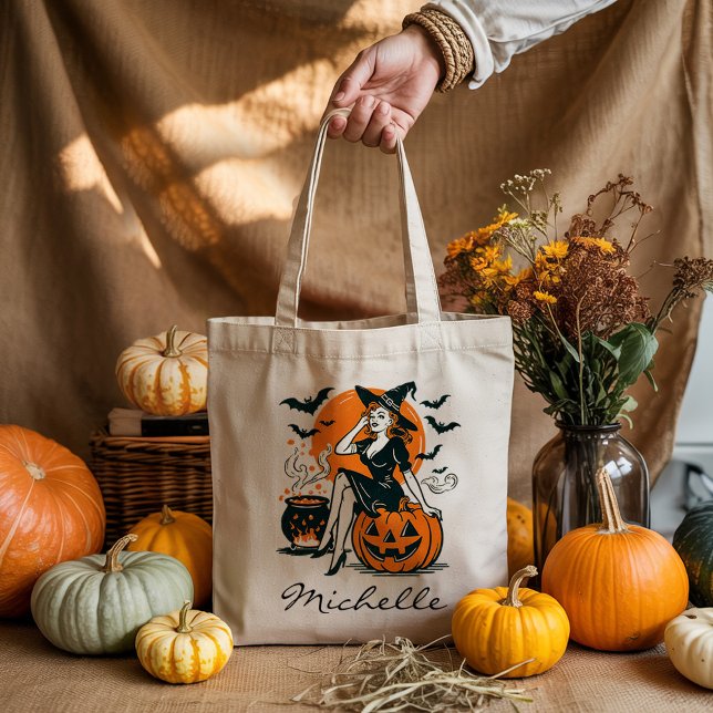 Personalised Vintage Witch on Pumpkin Cauldron     Tote Bag (Creator Uploaded)