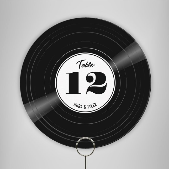 Personalised Vinyl Record Black White Table Number (Round personalized vinyl record table number with white label and black text)