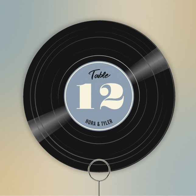 Personalised Vinyl Record Dusty Blue Table Number (Round personalized vinyl record table number with dusty blue label.)