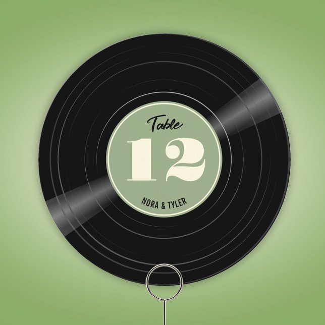 Personalised Vinyl Record Sage Green Table Number (Round personalized vinyl record table number with sage green label.)