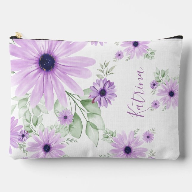 Personalised  Violet Green, Watercolor Flowers Accessory Pouch (Front)