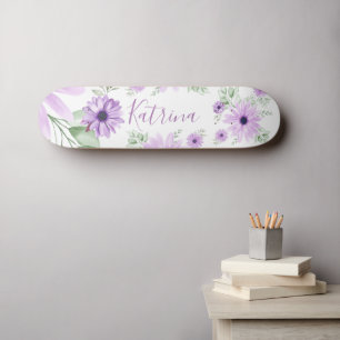 Personalised Violet Green Watercolor Flowers Skateboard