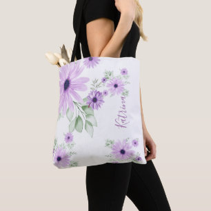 Personalised Violet Green, Watercolor Flowers Tote Bag