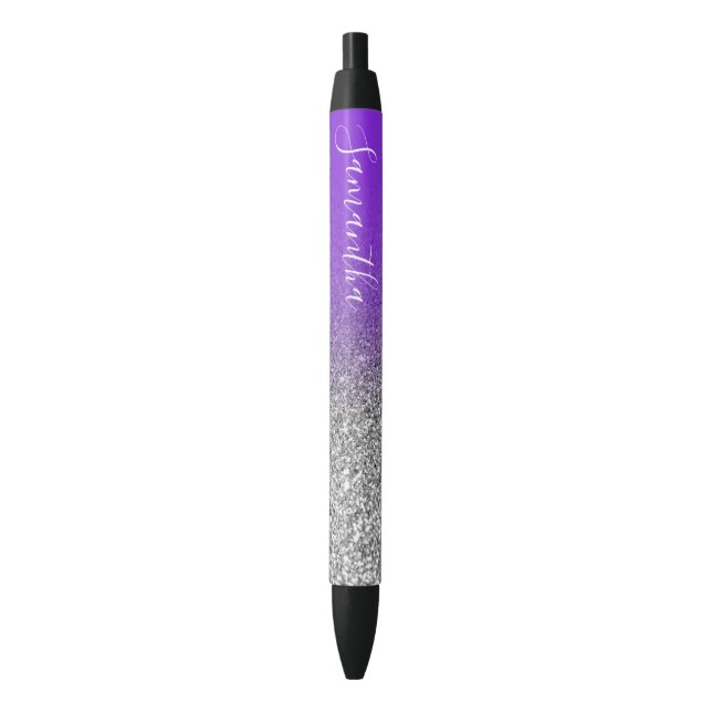 Personalised Violet Silver Ombre Glitter Blue Ink Pen (Front Vertical)
