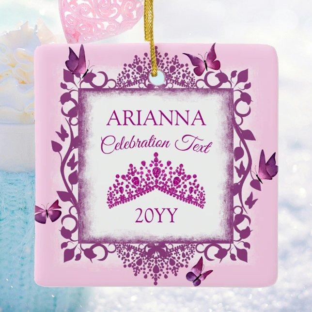 Personalised Violet Tiara & Butterflies Keepsake Ceramic Ornament (personalized tree ornament with pink butterflies and tiara, congratulations, commemorative gift)