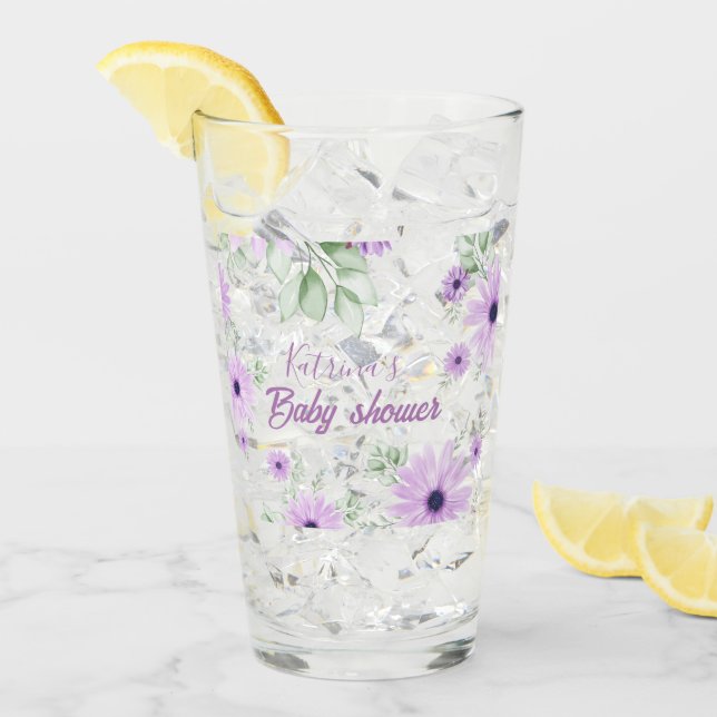 Personalised Violet Watercolor Flowers Baby Shower Glass (Front Ice)