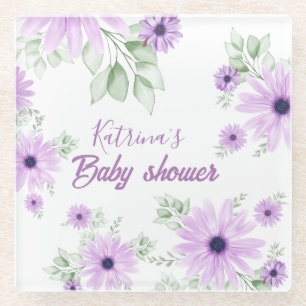 Personalised Violet Watercolor Flowers Baby Shower Glass Coaster