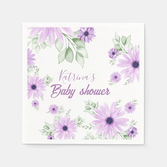Personalised Violet Watercolor Flowers Baby Shower Napkin (Front)