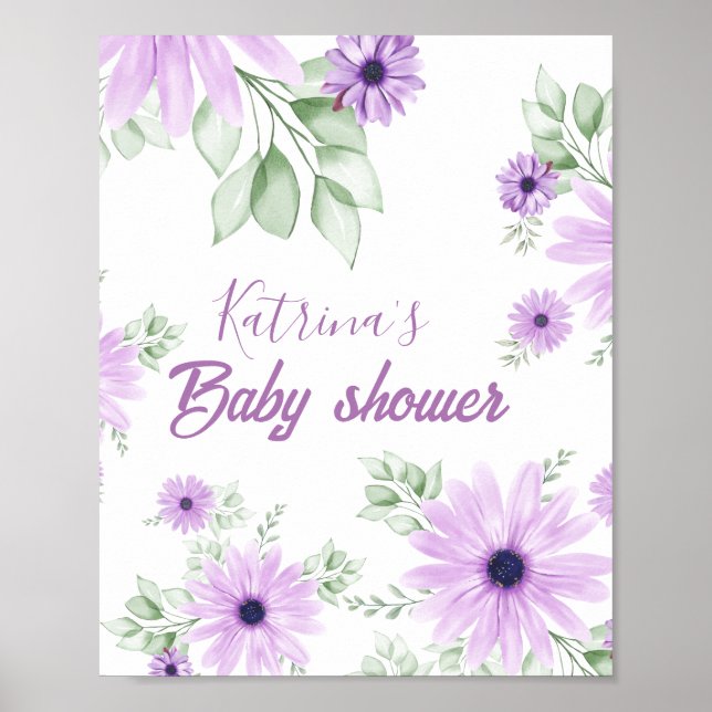 Personalised Violet Watercolor Flowers Baby Shower Poster (Front)