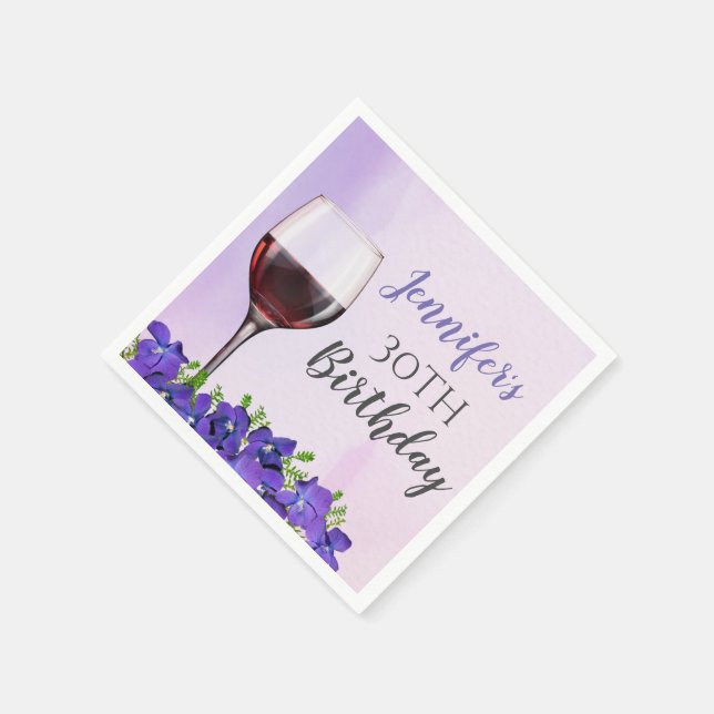 Personalised Violets and Wine Glass 30th Birthday Napkin (Corner)