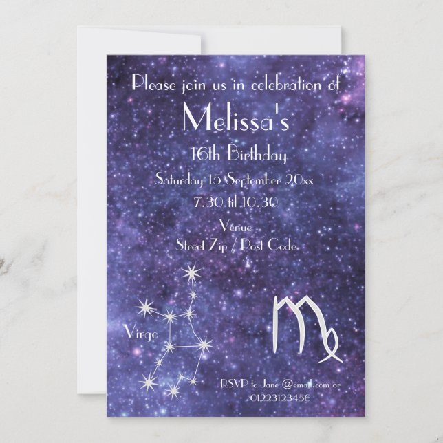 Personalised Virgo Zodiac Galaxy Party Invitation (Front)