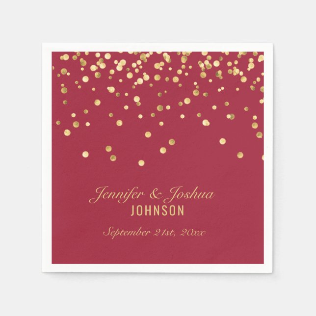 Personalised Vivid BURGUNDY Gold Confetti Wedding Napkin (Front)