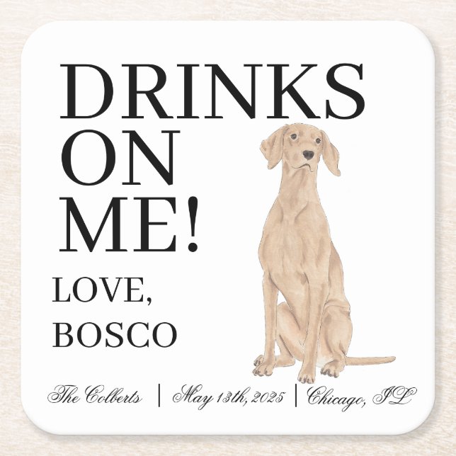 Personalised Vizsla Wedding Square Paper Coaster (Front)