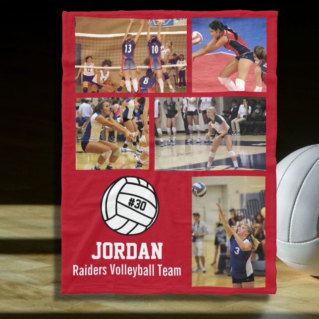 Personalised Volleyball 5 Photo Collage Name Team# Fleece Blanket (Creator Uploaded)