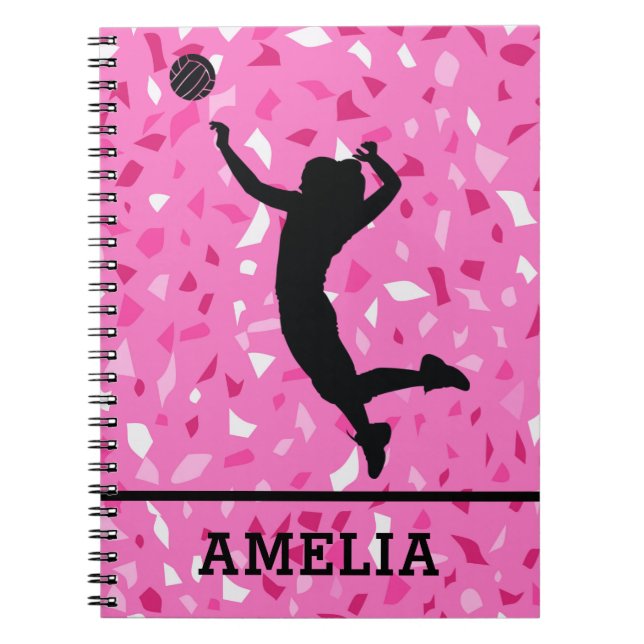 Personalised Volleyball And Pink Terrazzo Pattern Notebook (Front)