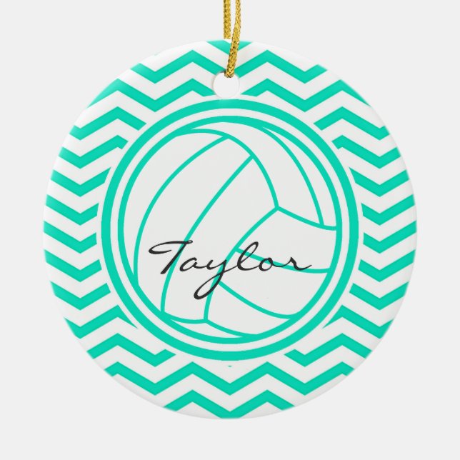 Personalised Volleyball; Aqua Green Chevron Ceramic Ornament (Front)