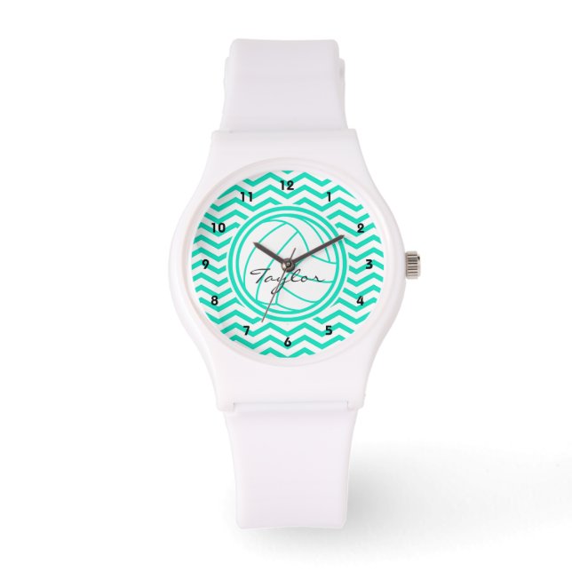 Personalised Volleyball; Aqua Green Chevron Watch (Front)