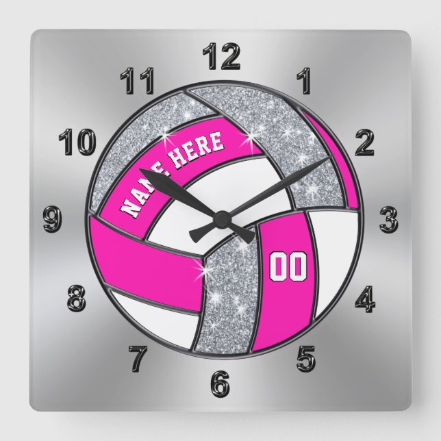 Personalised Volleyball Clock, Pink, White, Silver Square Wall Clock (Front)
