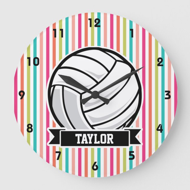 Personalised Volleyball on Colourful Stripes Large Clock (Front)