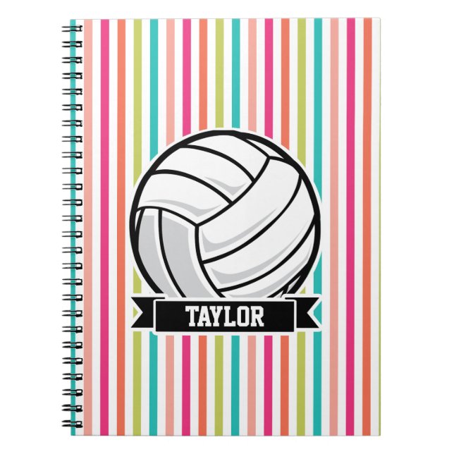 Personalised Volleyball on Colourful Stripes Notebook (Front)