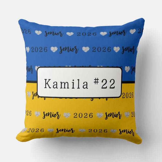 Personalised Volleyball Senior Blue and Yellow  Cushion (Front)