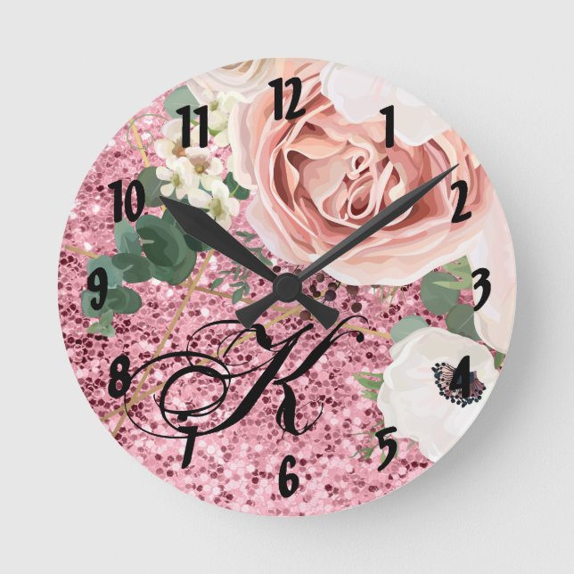Personalised Wall Clock Geometric Garden Rose Glit (Front)