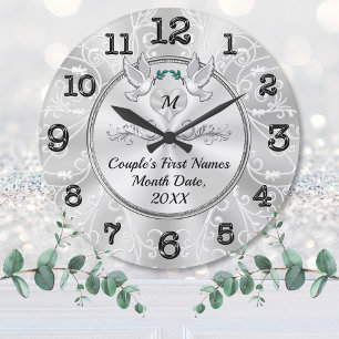 Personalised Wall Clock Wedding Gift, Love Birds