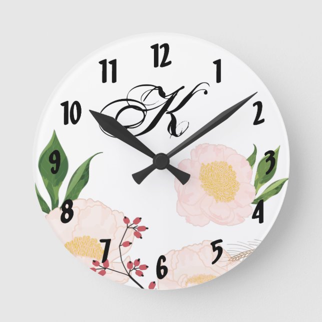 Personalised Wall Clock White Floral Flowers on Wh (Front)