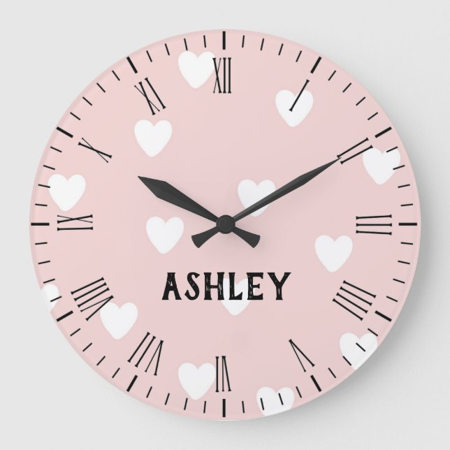Personalised Wall Clock White Hearts on Pink (Front)
