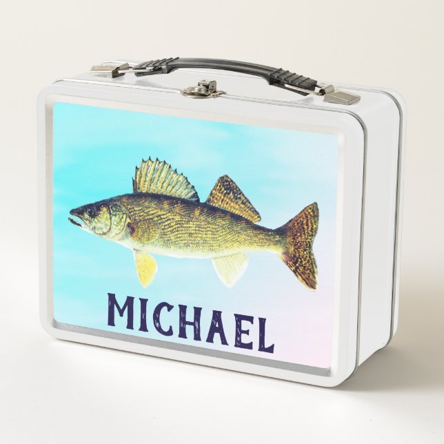Personalised Walleye Pike on Blue Metal Lunch Box (Front)