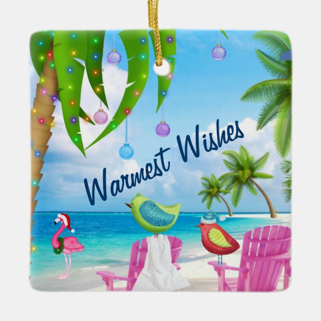 Personalised Warmest Wishes Birds Beach Christmas Ceramic Ornament (Front)