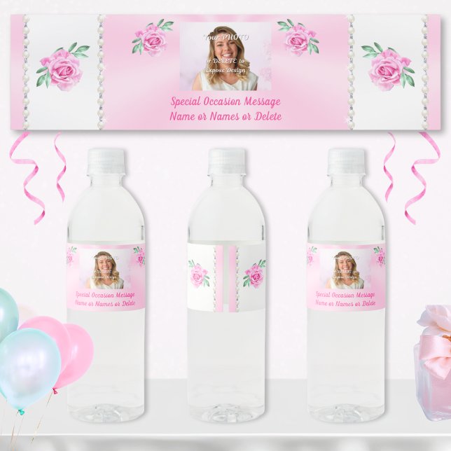 Personalised Water Bottle Labels for Birthday, ANY (Pink Water Bottle Labels. Pink birthday party supplies. Photo, Personalized water bottle labels.)