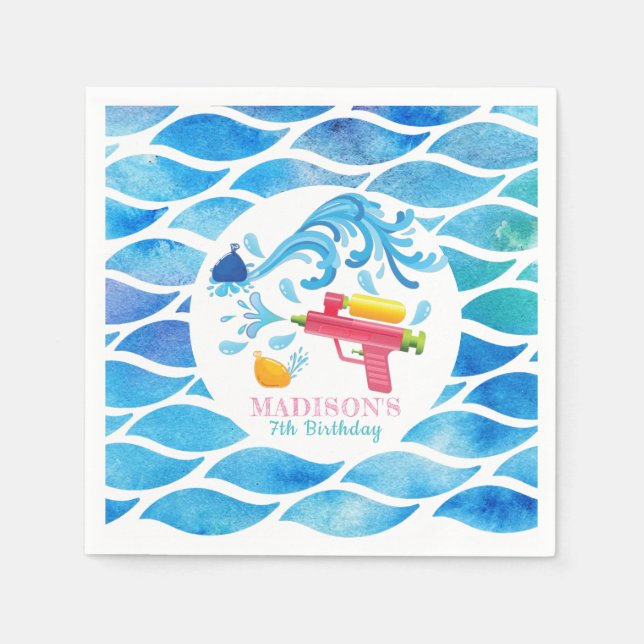 Personalised Water Gun Girl Birthday Paper Plate Napkin (Front)