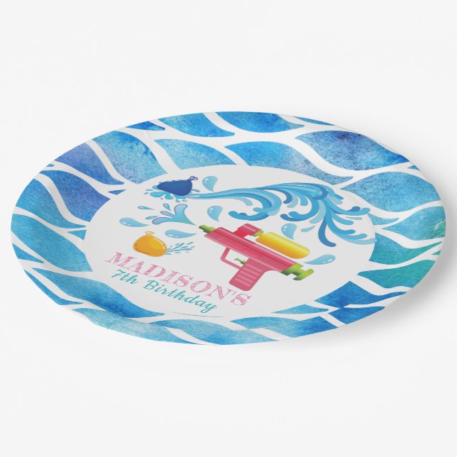 Personalised Water Gun Summer Girl Birthday Paper Plate (Angled)