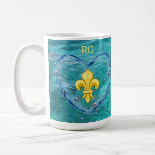 Personalised Water Heart Fleur de Lis Coffee Mug (Left)