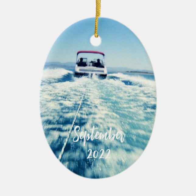 Personalised Water Sports Speed Boat Photo Oval Ceramic Ornament (Front)