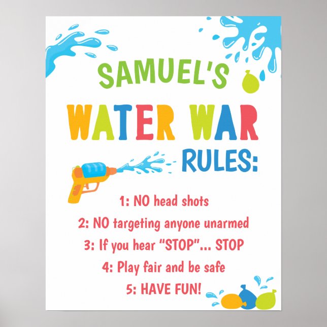 Personalised Water War Rules Birthday Party Sign (Front)
