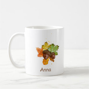 Personalised Watercolor Autumn Leaves and Acorn Coffee Mug