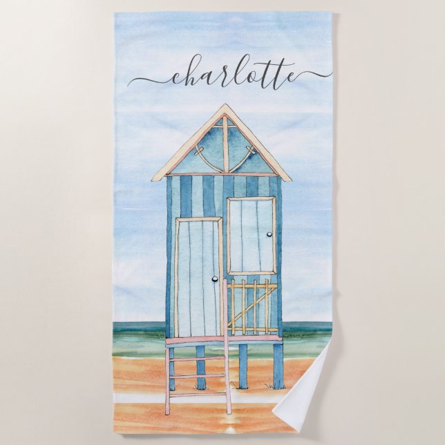 Personalised Watercolor Beach Hut  Beach Towel (Front)