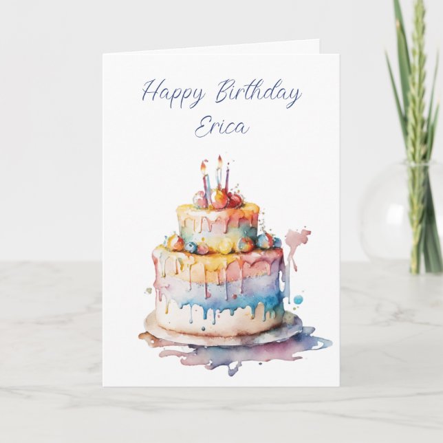 Personalised Watercolor Birthday Cake Holiday Card (Front)