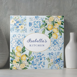 Personalised Watercolor Blue Italian Lemon Floral Ceramic Tile