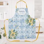 Personalised Watercolor Blue Italian Tile Lemon Apron<br><div class="desc">Cooking with style with our Personalised Watercolor Blue Italian Tile Lemon Apron. Featuring yellow lemon illustrations on Italian tile pattern and script text that can be personalised. Suitable as a gift for Italian food lovers and baking enthusiasts.</div>