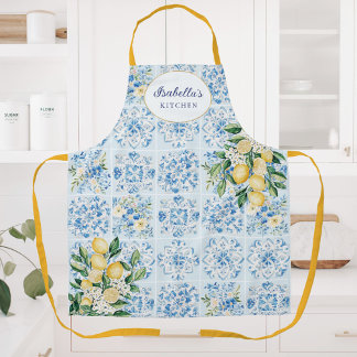 Personalised Watercolor Blue Italian Tile Lemon Apron