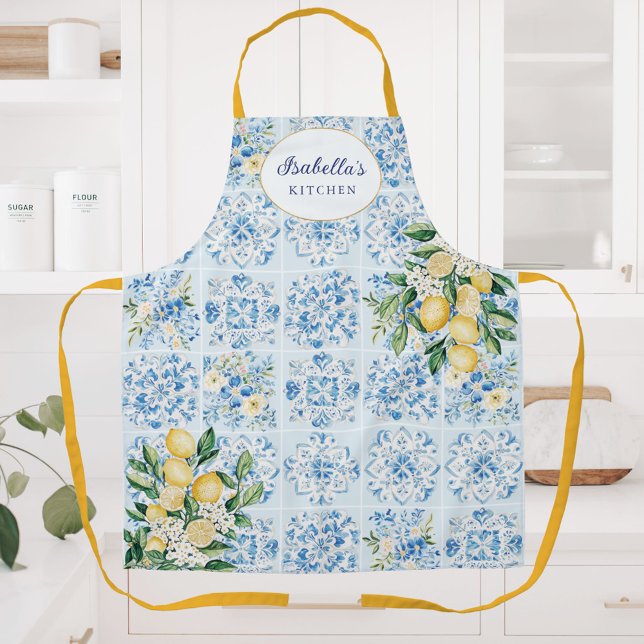 Personalised Watercolor Blue Italian Tile Lemon Apron (In situ)