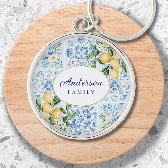 Personalised Watercolor Blue Italian Tile Lemon Key Ring (Close up)