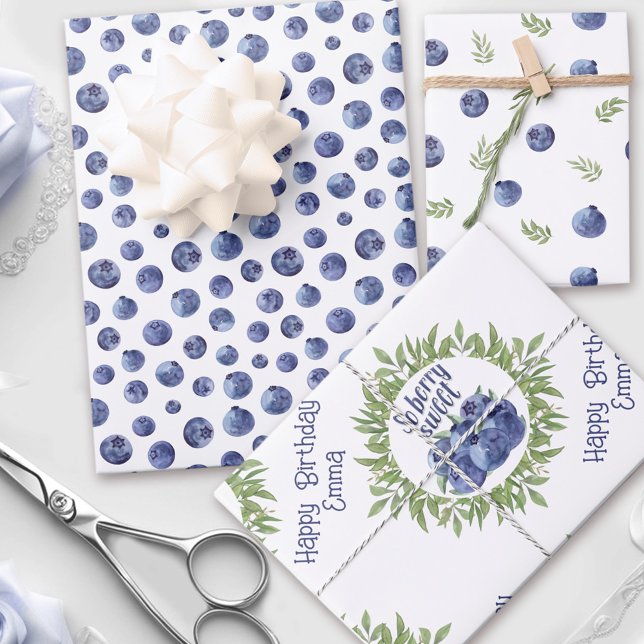 Personalised watercolor blueberries pattern  wrapping paper sheet (Personalized watercolor blueberries pattern wrapping paper sheets)