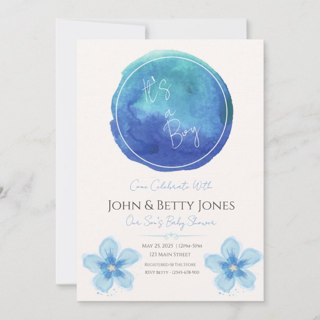 Personalised Watercolor Boy Baby Shower Invitation (Front)
