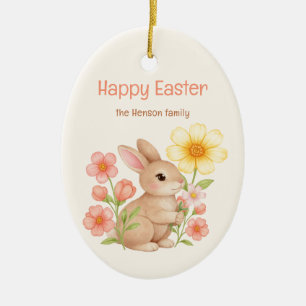 Personalised Watercolor Bunny Happy Easter Ceramic Ornament