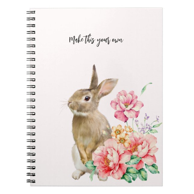 PERSONALISED Watercolor Bunny Rabbit + Flowers Notebook (Front)